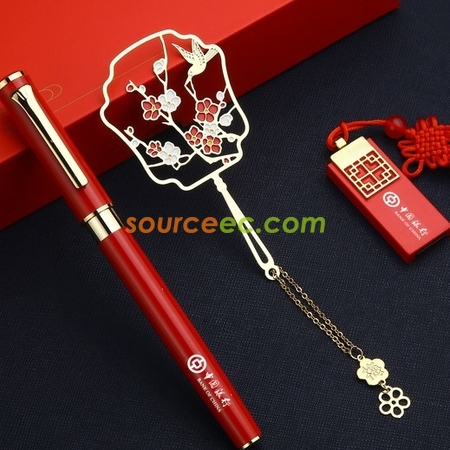 中国风梅花红书签复古典礼品套装 U盘