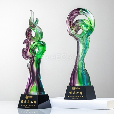 礼品订购綠紫炫彩琉璃水晶獎杯广告