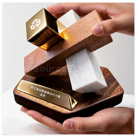 礼品订购创意几何木质金属奖座广告