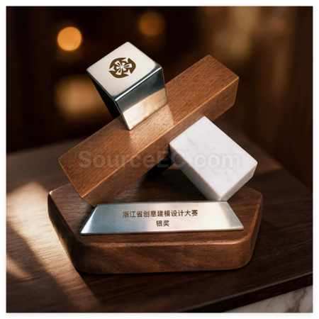 礼品订购创意几何木质金属奖座广告