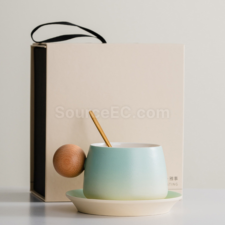 礼品订购渐变木柄陶瓷咖啡杯礼盒广告