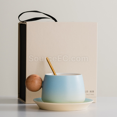 礼品订购渐变木柄陶瓷咖啡杯礼盒广告