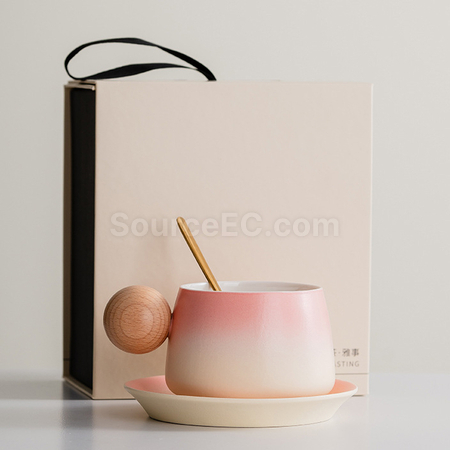 礼品订购渐变木柄陶瓷咖啡杯礼盒广告