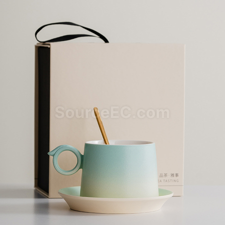 礼品订购渐变木柄陶瓷咖啡杯礼盒广告