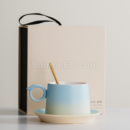 礼品订购渐变木柄陶瓷咖啡杯礼盒广告